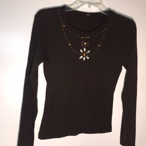 Brown Long Sleeve Decorated Top